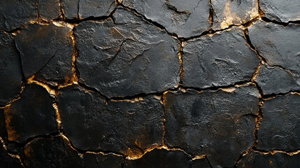 abstract dark black cracked stone or concrete wall symbolizes resilience, struggle, and strength. The fragmented texture evokes a sense of brokenness, yet it reflects the beauty in imperfection