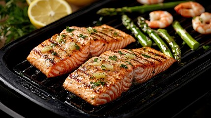 Grilled salmon fillets with shrimp and asparagus, garnished with herbs and lemon slices, showcasing a delicious and healthy meal.