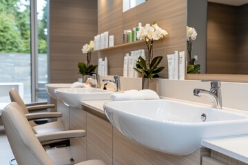 An artistically arranged spa area showcases clean lines, elegant fixtures, and soothing elements, inviting clients to embrace relaxation and personal care.