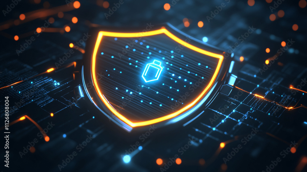 Poster a stylized shield icon with glowing lines and data points, representing cybersecurity, encryption, a