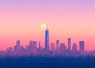Fototapeta premium Pastel Sunset Cityscape: A Dreamy View of the Metropolis