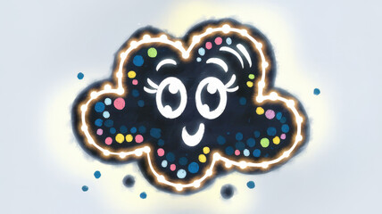 A cheerful cartoon cloud with a smiling face, vibrant polka dots, and glowing edges, set against a pale background for a playful atmosphere.