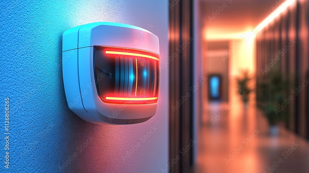 Poster photograph of a motion detection sensor with a holographic interface displaying dynamic movement tra