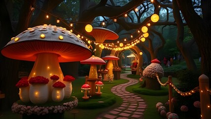 Fototapeta premium Whimsical Garden with Giant Mushrooms and Fairylights and lampion Background Wallpaper