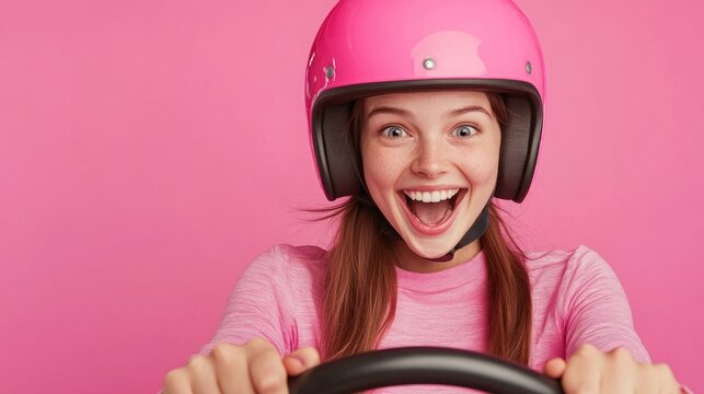 Happy pretty woman pretending to drive car. Front view of funny cheerful excited young lady in pink helmet standing on pink color background, holding invisible steering wheel and looking at camera