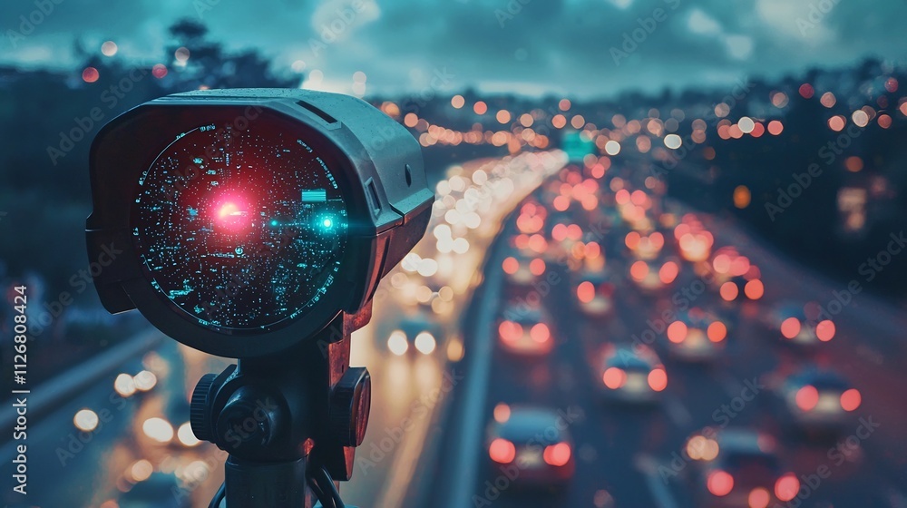 Poster a photograph showcasing a futuristic speed detection radar device with a sleek holographic interface