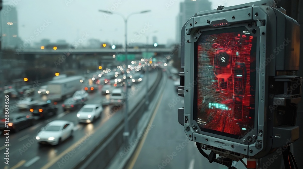 Poster photograph of a speed detection radar gun with a holographic interface displaying live speed analyti