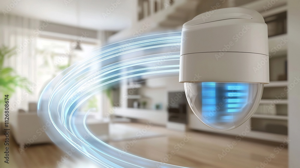 Poster photograph of a motion detection sensor with a holographic interface displaying dynamic movement tra