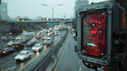 photograph of a speed detection radar gun with a holographic interface displaying live speed analytics set against a busy highway backdrop with ample copy space for text overlay