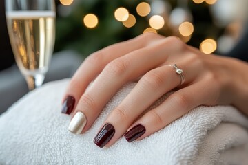 An elegantly manicured hand adorned with burgundy and gold nail art beside a sparkling champagne glass, exhibiting a touch of glamour and sophistication.