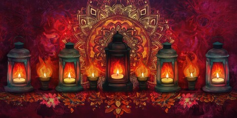 Fototapeta premium Symmetrical arrangement of lanterns with vibrant flames, placed on a rich burgundy surface adorned with radiant floral mandala decorations.