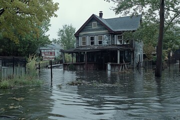 Flooded outdoor bar with rising waters near a home, trees and fence behind. News footage of flood near family park. High-resolution live screenshot.