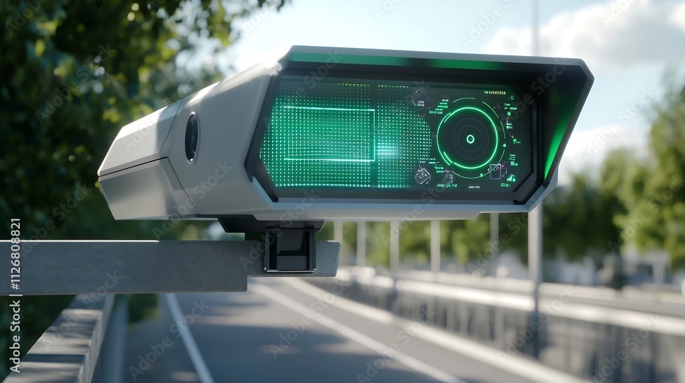 Poster futuristic speed detection equipped with a holographic display showing real time traffic data and ve