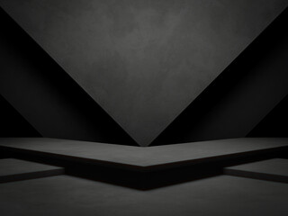 3D dark concrete wall background. Black geometric cement podium.