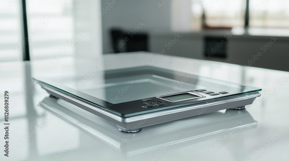 Poster Sleek and Modern Digital Weighing Scale Showcasing a Minimalist LCD Display on a Clean White Surface with Ample Copy Space for Overlay Text or Graphics
