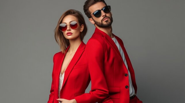 high quality realistic collage of fashionable beautiful couple in red blazers and sunglasses posing isolated on grey, horizontal image - Powered by Adobe