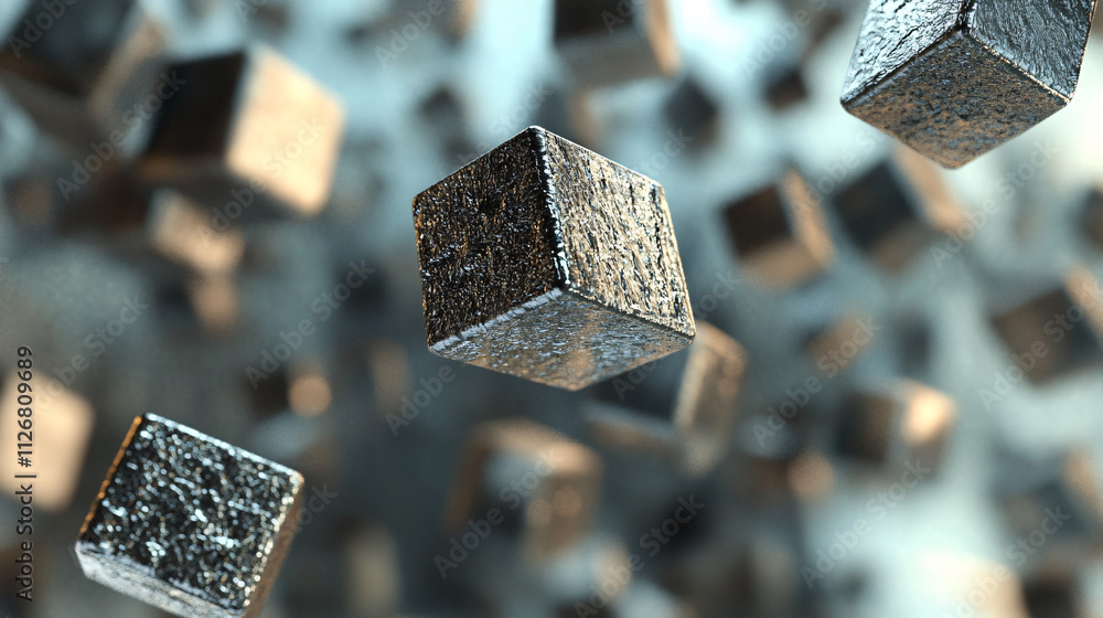 Poster abstract 3d cubes floating in space, with varying sizes and metallic textures, casting complex shado