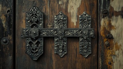 Iron gate hinges with intricate designs set against a weathered wooden door.