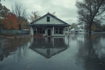 Flooded outdoor bar with rising waters near a home, trees and fence behind. News footage of flood near family park. High-resolution live screenshot.