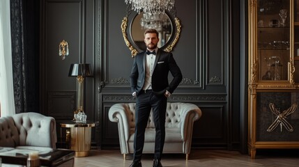 Imposing well dressed man in a luxurious apartments with classic interior. Luxury. Men's beauty, fashion