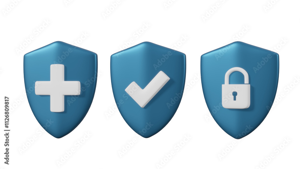 Aufkleber 3d rendered illustration of three shield icons representing safety and security symbols marked with 