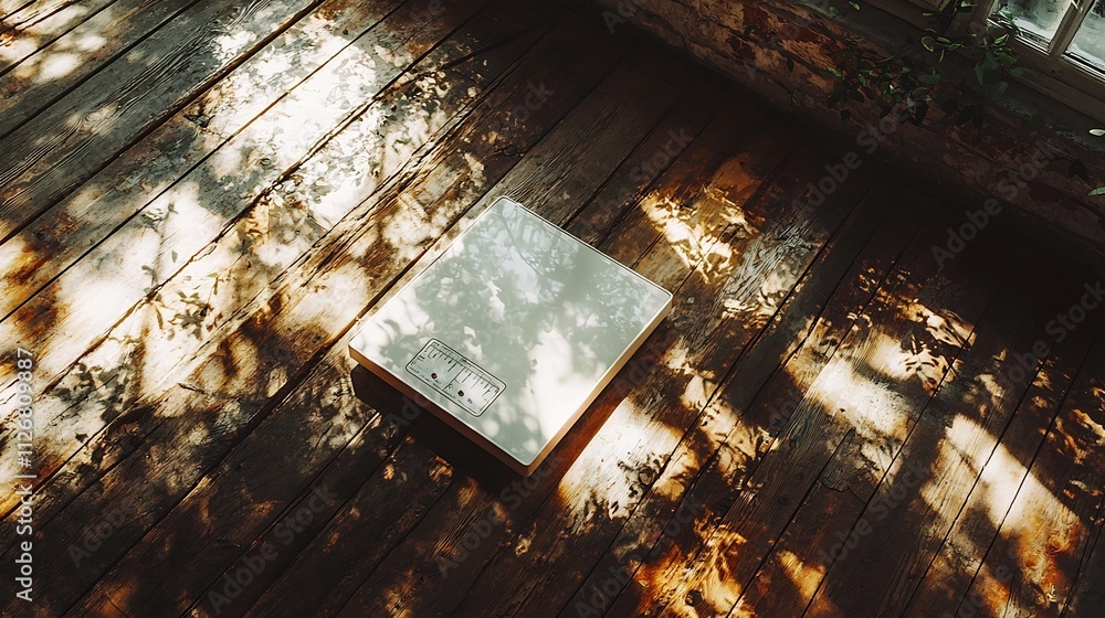 Poster minimalist analog weighing scale placed on a wooden floor illuminated by natural sunlight leaving am