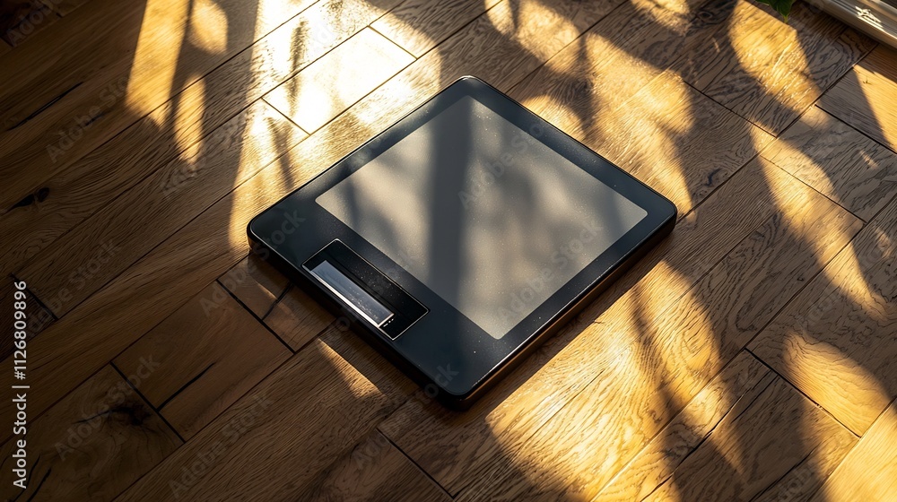 Poster a simple and elegant analog weighing scale placed on a wooden floor illuminated by natural sunlight 