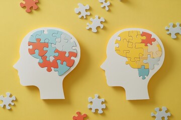 Two white paper human heads with colorful brains divided into blocks, one side with large color puzzle pieces and the other empty on a yellow background. Concept of emotional intelligence or happiness