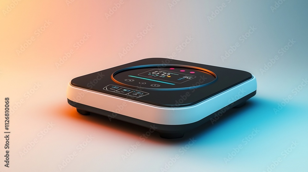 Poster futuristic smart weighing scale with a digital holographic interface set against a neutral gradient 