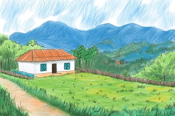 Obraz premium illustration of beautiful landscapes with mountains and lakes in watercolor, aquarelle look pencil art Countryside village landscape with church and houses illustration, design, vector, nature, travel