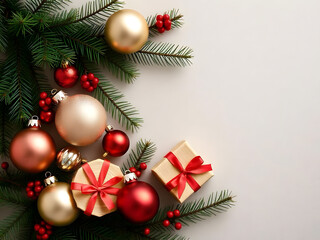 Holiday decorations featuring ornaments, pine sprigs, and a small gift on a simple background.