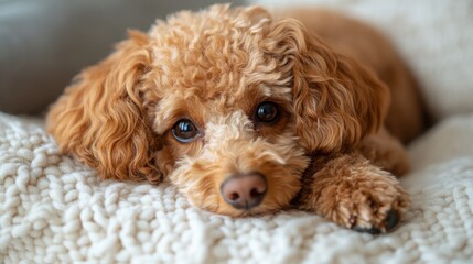 A mini red poodle comfortably lies on a macramé bed, showcasing its soft curls and bright eyes while surrounded by a dark atmosphere.
