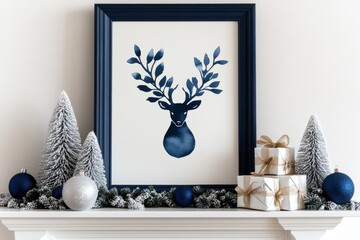 home decor trends, antique cyanotype botanical art showcased on a mantel with elegant molding, accented by traditional holiday decor