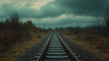 Fototapeta premium Iron railway tracks extending into the distance under a cloudy sky.