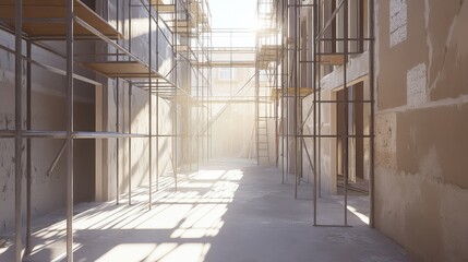 Iron scaffolding set up at a construction site under bright daylight.