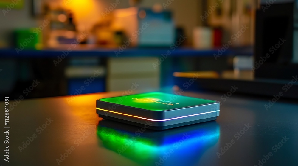 Poster innovative smart thermometer displaying a holographic temperature chart above a lab table surrounded