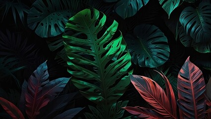 feathers background. Creative fluorescent color layout made of tropical leaves