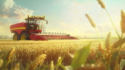 Obraz premium Powerful agricultural harvesting machine operating in a vast verdant field surrounded by a picturesque rural landscape under a clear blue sky an image of modern