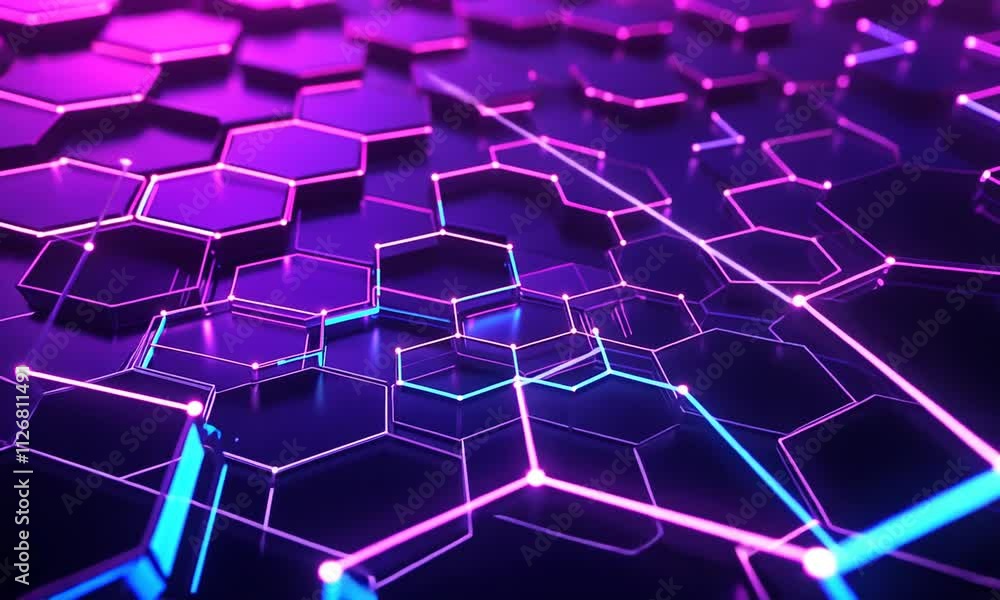 Poster abstract 3d rendering of interconnected glowing hexagons in purple and blue hues.