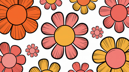 Colorful floral pattern featuring pink, orange, and yellow flowers on a white background, creating a cheerful and vibrant atmosphere.