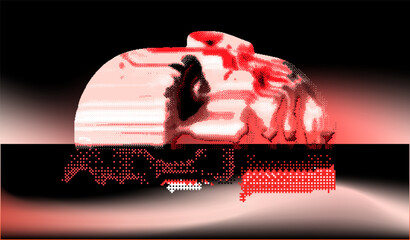 Pixelated face of a bald human in red shades on a dark background. Vector futuristic illustration representing future technologies. 