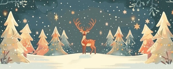 Christmas banner with magical scene of a reindeer in center in snowy forest with Christmas trees with lights and stars with copy space. MZ, illustration 