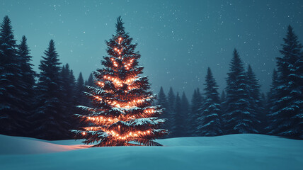 A snowy landscape features a beautifully lit Christmas tree, surrounded by evergreen trees under a serene night sky.
