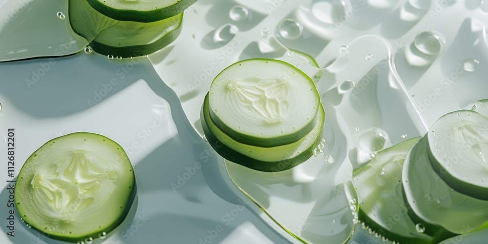 Poster close up of cucumber slices on a white background. the cucumbers are cut into thin slices and are fl
