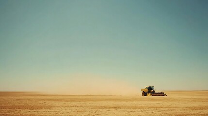 Fototapeta premium Large Agricultural Combine Harvester Machine Working on a Golden Wheat Field During the Autumn Harvest Season with an Open Sky Area for Copy Space