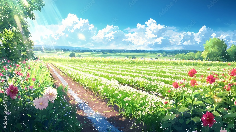 Aufkleber an automated irrigation system watering crops in a symmetrical grid pattern under bright sunlight wi
