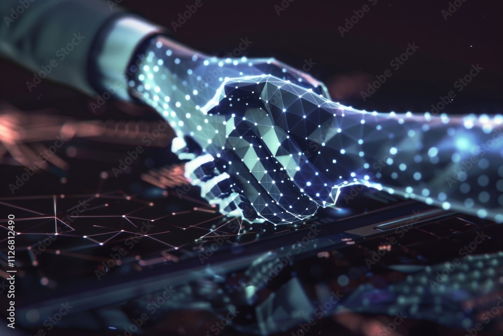 Poster hand is shaking another hand in a digital image. concept of connection and trust between the two peo