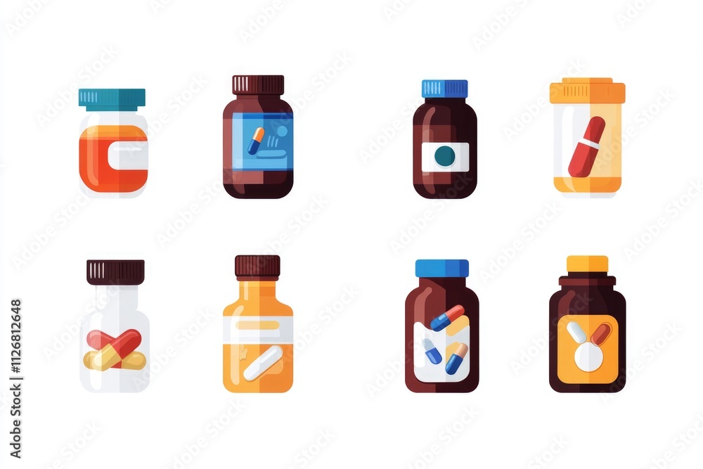 Poster set of six pill bottles with different colors and shapes. the bottles are arranged in a row, with so