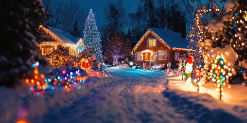 Glowing Christmas lights and snowy landscape with sparkling snowflakes and festive decor.