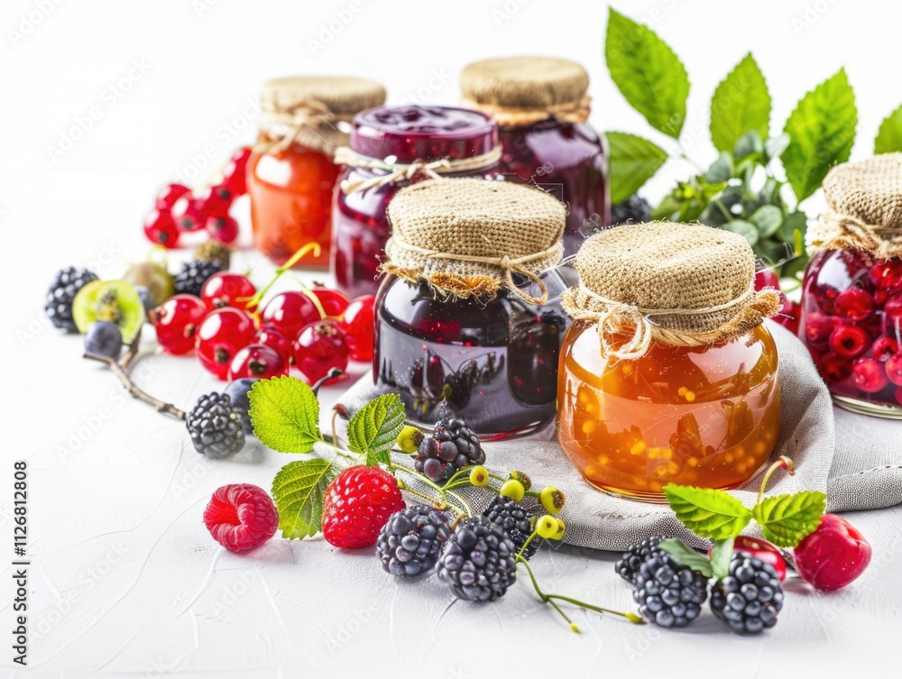 Poster jar of raspberry jam is next to a jar of blackberry jam. there are several other jars of jam on the 